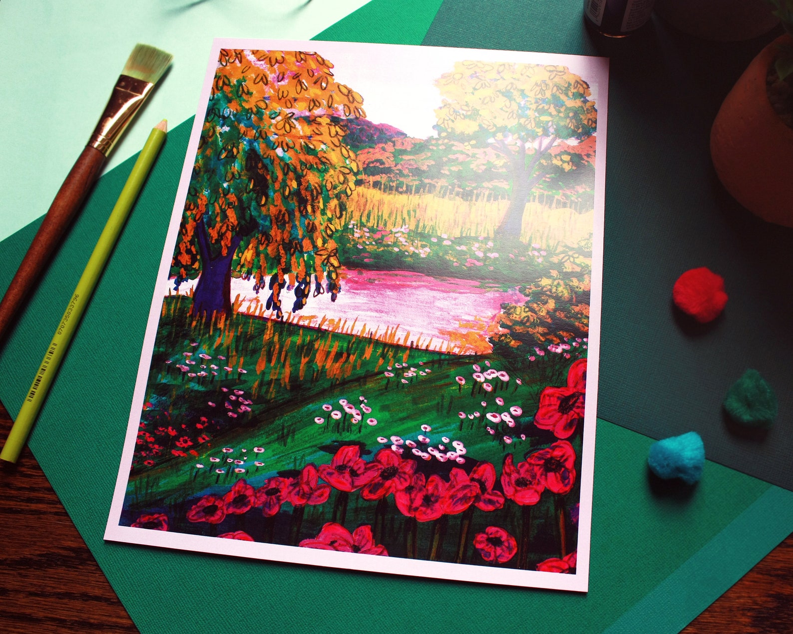 Dreamy Pink and Green Landscape Art Print Etsy