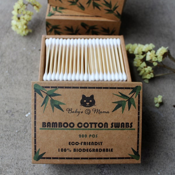 Bamboo Cotton Swabs - 100% Biodegradable Plastic Free Ear Buds | Zero Waste & Eco-Friendly Q-Tips - Organic Cotton | 200 sticks