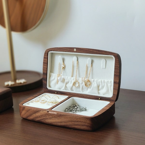 Hansimon Handmade Walnut Cherry Wood Jewelry Box, Small Earring Bracelet Necklace Organizer Jewelry Storage Birhtday Gift for Her