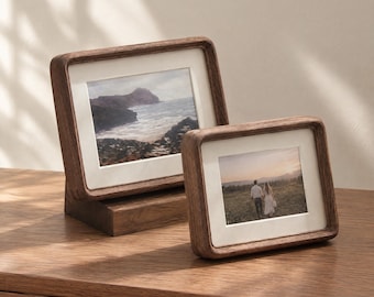 Rounded Solid Wood Picture Frame, Walnut Teak Photo Frame, Tabletop or Wall Display, Custom Mat, 4x4 to A4 Family Photo Frame