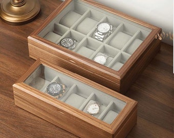 Hansimon Solid Wood Watch Box, Walnut Wood Watch Holder, Watch Storage Organizer for Men and Women, Glass Lid Watch Box 5 & 10 Slots