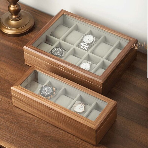 Hansimon Solid Wood Watch Box, Walnut Wood Watch Holder, Watch Storage Organizer for Men and Women, Glass Lid Watch Box 5 & 10 Slots