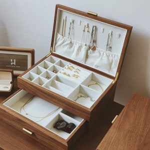 Hansimon Massivholz-Schmuckkästchen, Walnuss-Schmuckkästchen, große Schmuckaufbewahrung mit Schublade, Armband, Ringe, Ohrringe, Uhrenaufbewahrung, Organizer, Geschenk