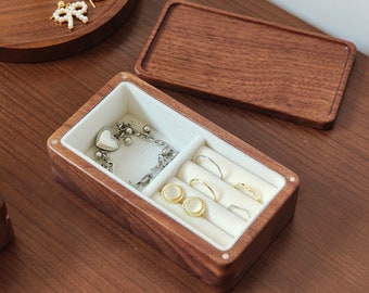 Boîte à bijoux faite main en bois de noyer et bois de hêtre Hansimon, mini petite boucle d'oreille, bracelet, collier organisateur, rangement de bijoux, cadeau d'anniversaire pour elle