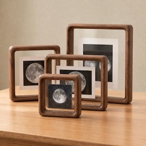 MOON- HSH Solid Walnut Photo Frame, Size from 4" to 10", Transparent Standing Hardwood Rustic Picture Frame, Housewarming Gift