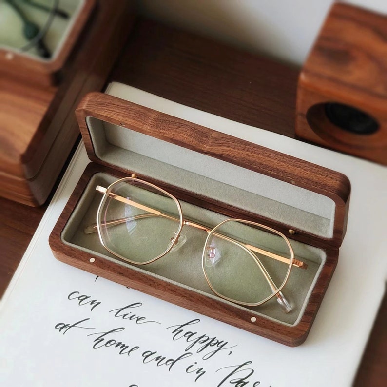 Étui à lunettes en bois massif Hansimon, bois de noyer, boîte à lunettes en bois dur, porte-lunettes rétro image 2