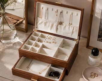 Solid Walnut Jewelry Box: Two-Layer Large Jewelry Organizer