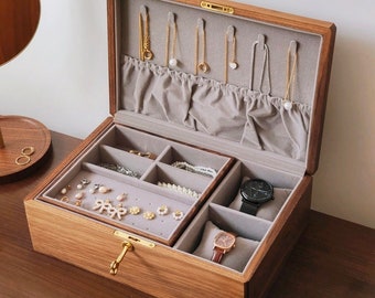 Hansimon Solid Wood Jewelry Box, Walnut Jewelry Box, Two Layer Large Jewelry Storage with Drawer and Lock, Necklace Earrings Organizer Gift