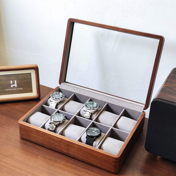 Hansimon Solid Wood Watch Box, Walnut Wood Watch Holder, Watch Storage Organizer for Men and Women, Glass Lid Watch Box 5 & 10 Slots