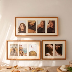 May include: Three wooden picture frames with multiple openings, each holding photographs. The top frame has four openings, the middle frame has three, and the bottom frame has two. The photos feature portraits and artistic illustrations.
