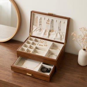 Solid Walnut Jewelry Box: Two-Layer Large Jewelry Organizer