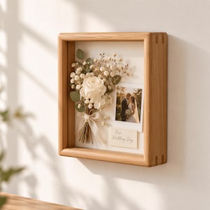 Solid Wood Memory Shadow Box, 1" or 2" Deep Keepsake Display Frame for Photos, Tickets, Wedding Mementos, Medals & Small Treasures