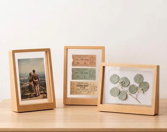 Marco de fotos trapezoidal de madera maciza – Exhibidor de doble cara con soporte propio para fotos, boletos, tarjetas y recuerdos – De 4x6 a 8x10 pulgadas