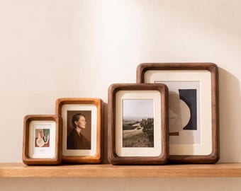Marco de fotos de madera maciza de nogal y teca, marco grueso con esquinas redondeadas, marco de escritorio o pared con sistema de apertura a presión, 2x3–8x10