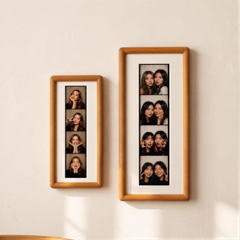 two framed photographs of women, each containing multiple identical photos of the women posing with smiles on their faces.