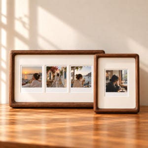 May include: Two dark wood picture frames with rounded corners and white matting. The larger horizontal frame holds three square photos, while the smaller vertical frame holds one square photo, all displaying various scenes of people.