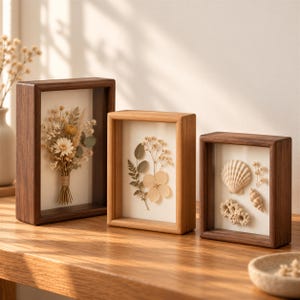 Solid Walnut Teak Deep Shadow Box Frame, for Dried Flowers and Canvas - 1" & 2" Display Case for Botanical Specimens and Memorabilia
