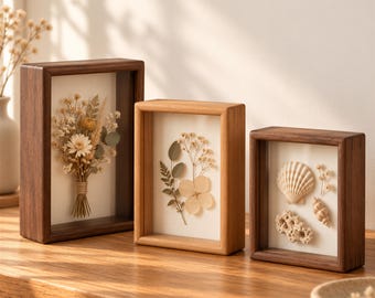 Marco de caja de sombra profunda de teca y nogal macizo, para flores secas y lienzos - Vitrina de 1" y 2" para especímenes botánicos y recuerdos.