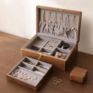 Two-Tier Walnut Jewelry Box - Velvet Lined, Lockable Storage