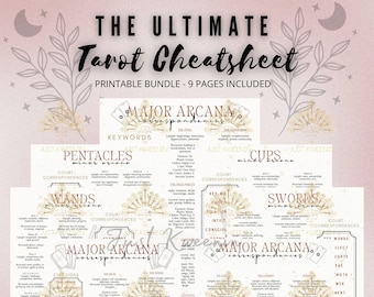 May include: A printable tarot cheatsheet with gold accents and a pink background. The cheatsheet includes keywords, correspondences, and court correspondences for each of the 78 tarot cards. The cards are divided into major arcana and minor arcana, with the minor arcana further divided into suits: pentacles, cups, swords, and wands.