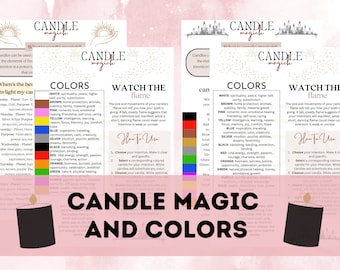 May include: A pink and white printable guide to candle magic and colors. The guide includes a color chart with corresponding meanings and instructions on how to watch the flame of a candle to interpret the results of a spell. The text includes the words "Candle Magic and Colors".