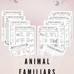 May include: Printable PDF guide to animal familiars, featuring illustrations of various animals and their associated keywords. The guide includes categories such as domestic animals, water creatures, insects, and exotic animals.