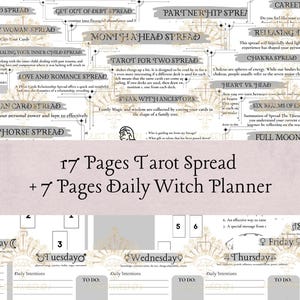 Druckbare Tarot-Karte Legespiel, Tarot lernen, Tagesübersicht, Monatszeitschrift Tarot, täglicher Hexenplaner, druckbare Seiten