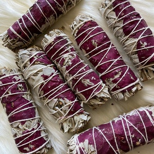 White sage and red rose Smudge stick, sage bundle for ceremony, meditation altar, home energy cleansing, Wicca Smudge stick, Mayan rose