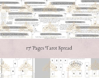 May include: A printable tarot spread guide with 17 different tarot spreads. The spreads are illustrated with a variety of designs, including flowers, moons, and stars. The spreads are titled with names like "Month Ahead Spread", "Witchy Woman Spread", "Healing Your Inner Child Spread", "Love and Romance Spread", "Magician Card Spread", "Trojan Horse Spread", "Tarot for Two Spread", "Speak with Ancestors", "Partnership Spread", "Career Direction", "Releasing Trauma", "Chakra Spread", "Heart vs. Head", "Six Realms of Existence Spread", and "Full Moon Spread".