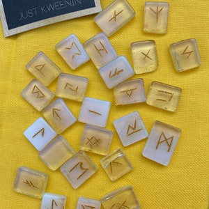 Set of 25 opalite Runes, pagan, witchcraft, divination tool, with burlap Storage Pouch (Set of 25 Elder Futhark Runes)