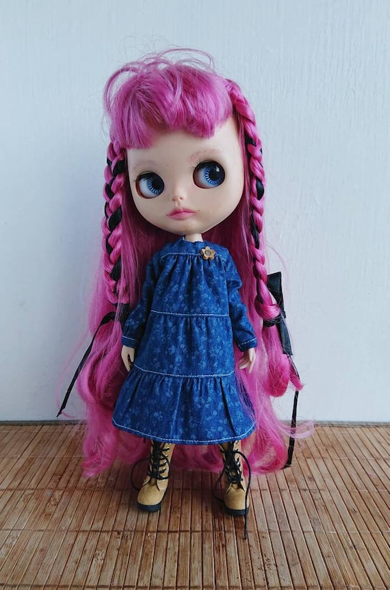Blue denim dress for Blythe, obitsu 24, pure Nemo or similar size doll