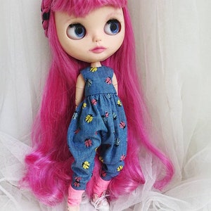 blythe doll overall, romprer, jumpsuit, denim with Lady bugs