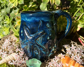 Starfish Seashell Pottery Mug// Blue Mug Ceramic, Ocean Mugs, Blue Cups, Starfish Pottery, Seashell Gifts, Starfish Gifts, Ocean Mugs