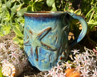 Starfish Seashell Pottery // Blue Mug Ceramic, Ocean Mugs, Blue Cups, Starfish Pottery, Seashell Gifts, Starfish Gifts, Ocean Mugs