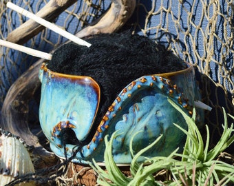 Handmade Octopus Pottery Yarn Bowl, Ocean Blue Ceramic