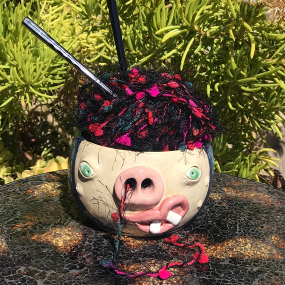 Blue Yarn Bowl Face Pottery // Yarn Bowl Ceramic Yarn Bowl Etsy