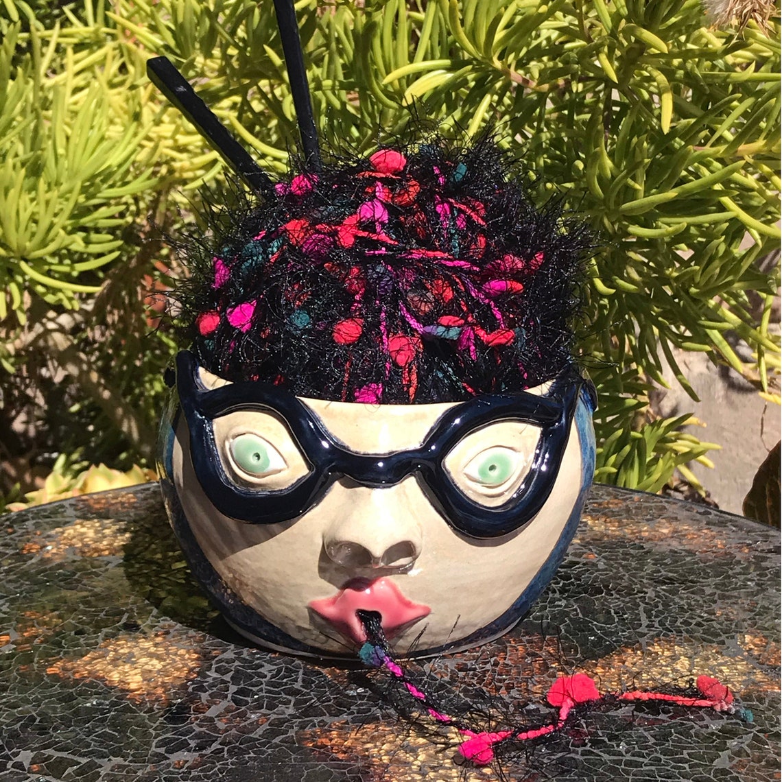 Blue Yarn Bowl Face Pottery // Yarn Bowl Ceramic Yarn Bowl Etsy