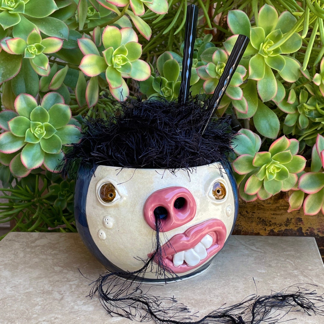 Blue Yarn Bowl Face Pottery Yarn Bowl Ceramic Yarn Bowl Etsy