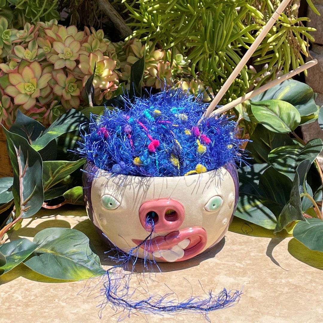 Purple Yarn Bowl Face Pottery Yarn Bowl Ceramic Yarn Bowl Etsy