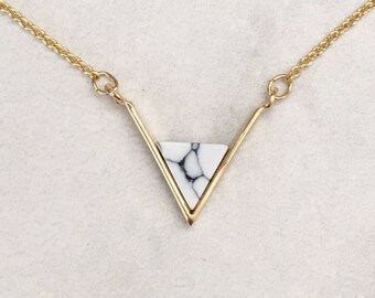 Gold Howlite Gemstone Necklace, Inverted Triangle Necklace, Polished Gold Gemstone Necklace, SKU: NP107