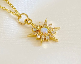 Opal Gold Filled Necklace,Dainty Opal Star Necklace,Opal Necklace,Opal Starburst Necklace,GF Layering Necklace,Gifts for Her, SKU:GON1029