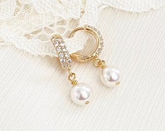 TORY • Pearl Drop Earrings • Diamond Huggie Hoops • CZ Pearl Earrings • Small Hoops • Gold Huggie Hoops • Bridesmaid • Bride • Gifts ER0521