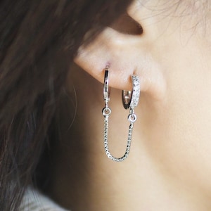 JANE • Double Huggie Earring • Silver Cubic Zirconia Huggie Earring • Silver Hoops • Handcuff Chain Earring • Hoop Chain Earring •  DBLESL02