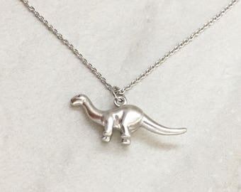 Silver Dinosaur Necklace, Mini Apatosaurus Dinosaur Charm Necklace, Matte Silver Finish SKU: NP111