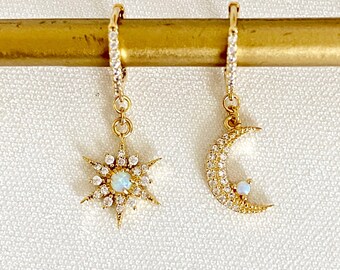 LUNA-Star Moon Earrings,Star Huggies,Moon Hoops,Gold Hoops,Stacking Earrings,Celestial Jewelry,Gifts for Her,Boho Jewelry ER623