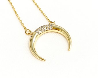 Gold Plated Horn Necklace with Cubic Zirconia, Bohemian Crescent Moon