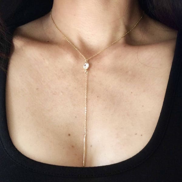 Lariat Necklace, Long Lariat Necklace, April Birthstone Lariat, Gold Y Necklace, Skinny Bar Lariat, Bridesmaid Gift, Prom Gift, SKU