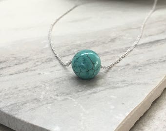 Turquoise Necklace, Floating Turquoise Stone Necklace, Natural Turquoise Stone Bead Pendant, Silver Finish, Bohemian Style, SKU: NP136
