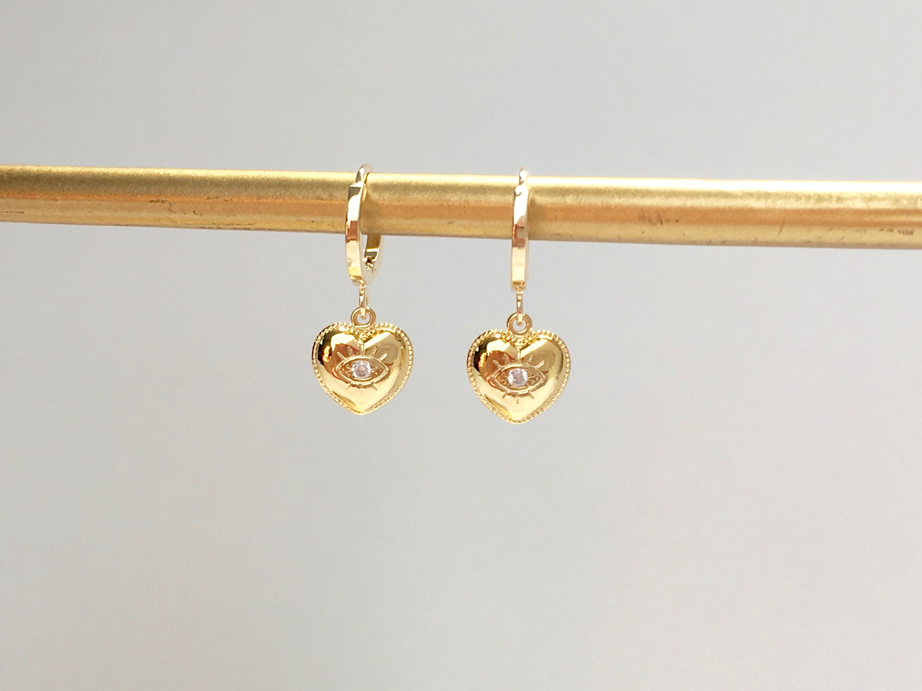 LUCY-Heart Earrings,Dainty Heart Earrings,Evil Eye Heart Huggie Hoops,Cute Earrings,Heart Hoops,Gifts for Her,Boho Jewelry,SKU:ER301EE