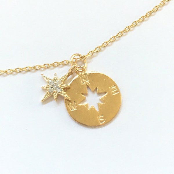 ALEXANDRA-Compass Necklace,Gold Compass Necklace,North Star Necklace,Star Celestial Wanderlust Necklace,Graduation Gift,Gifts for Her NP504